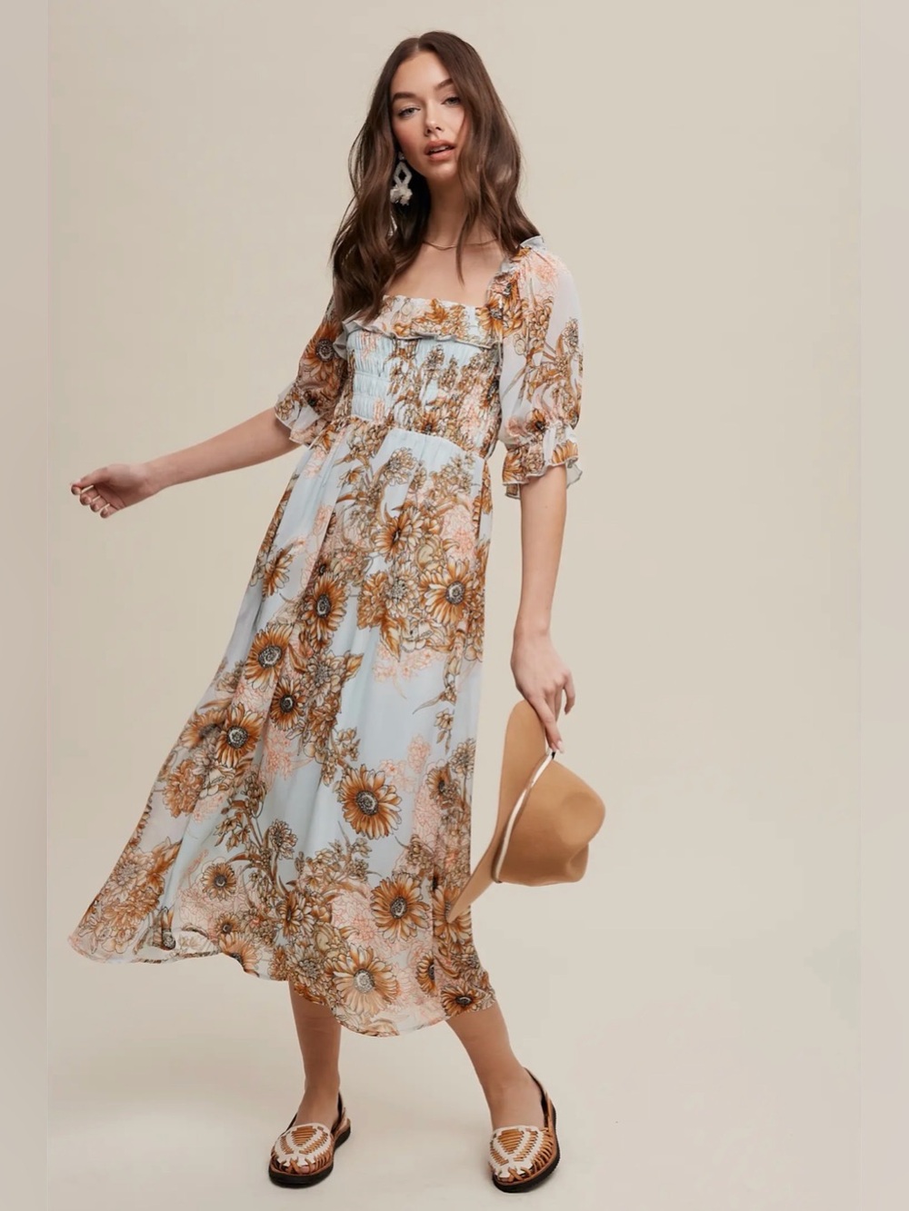 Floral Smocked Midi Dress in Light Blue and Brown